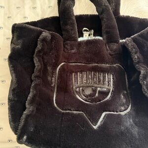 Chiara Ferragni Black Faux Fur Tote with Signature Eye Patch